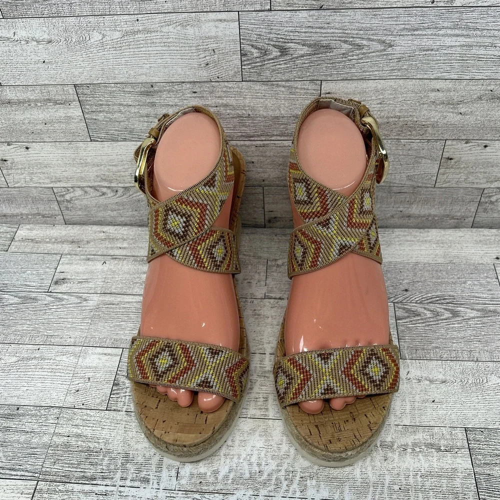 WHITE‎ MOUNTAIN Womens Pearl Espadrille Wedge Sandal Shoe  Tan Brown Aztec 8.5M